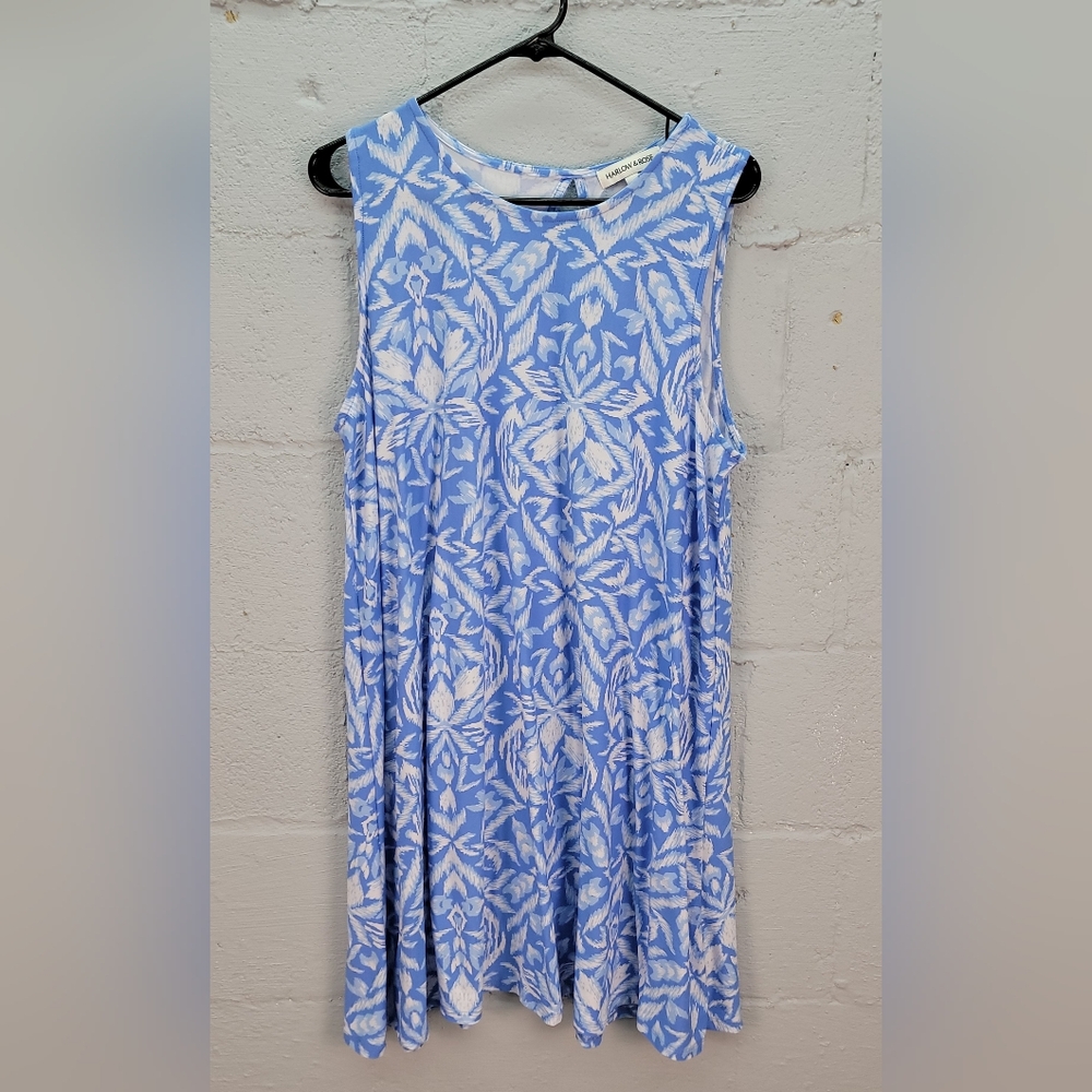 Harlow & Rose Dress Sleeveless Blue White Print Swing Dress Size XL